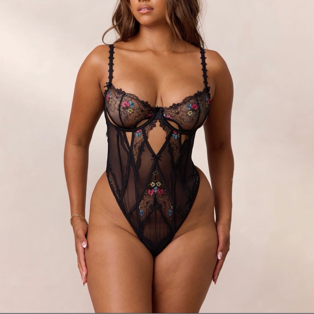 Sheer Black Embroidered Floral Lace Bodysuit